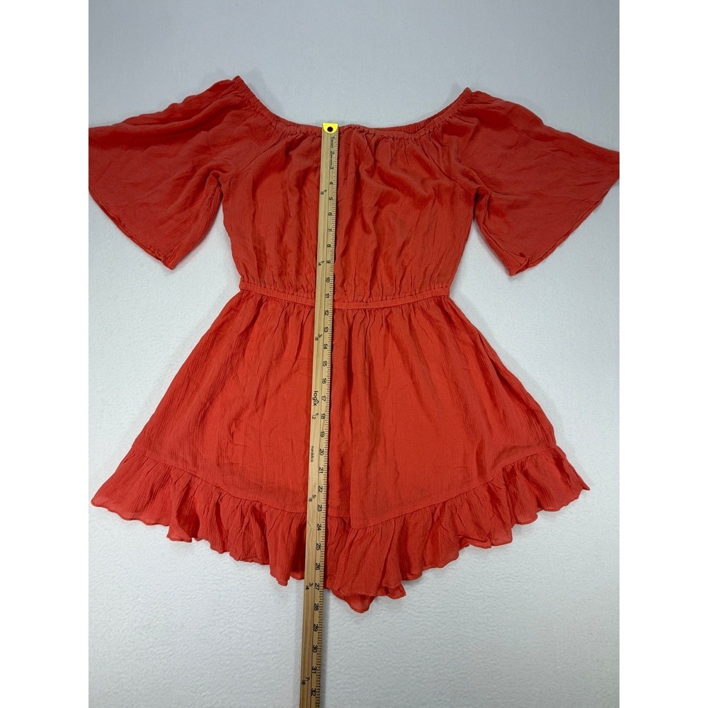 VENUS Off Shoulder Romper Size Small Coral Orange Ruffle Hem Boho Viscose - Picture 10 of 11
